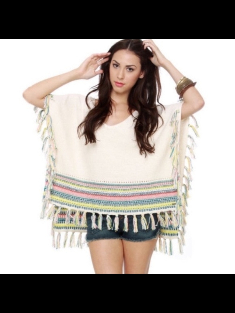 ROXY Knit Fringe Rainbow Poncho